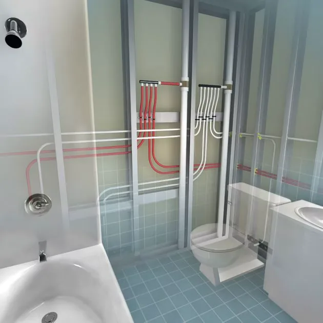 Cutaway diagram of PEX hot and cold lines feeding a bathroom, from our Aliso Viejo guide: Repiping a Condo or Townhome