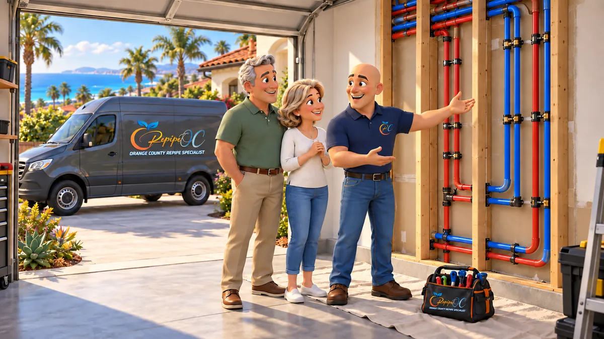 Illustration of a repipe walkthrough at an open garage wall with PEX lines – Can You Live in Your Aliso Viejo Home During a Repipe? Water, Noise and Daily Routine for Aliso Viejo, CA homes